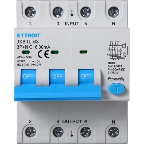 ETTROIT Interruttore Magnetotermico Differenziale 3P+N 16A 30mA 380V-6KA 4 moduli DIN JX261661 (1/5)
