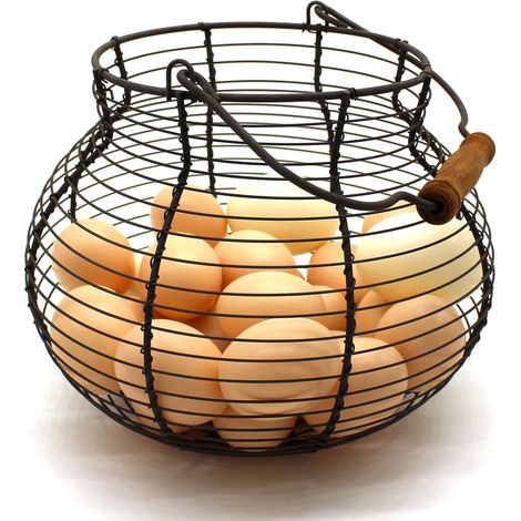 Panier à œufs antique en fil de fer, poignée en bois, style primitif vintage. (1/4)