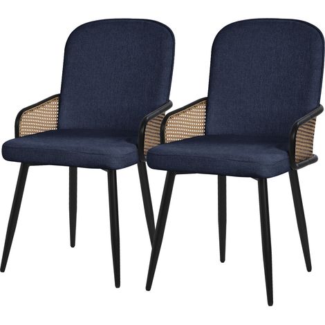 ML-Design Set di 2 Sedie da Sala Pranzo Blu Scuro con Rivestimento in Tessuto, Gambe in Metallo, con Braccioli Effetto Rattan, Poltrona Imbottita, Poltroncina Ergonomica da Soggiorno e Cucina