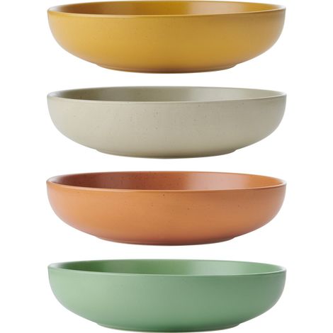 KitchenCraft Idilica Bols de Pasta de Stoneware, Set de 4 Bowls de Ceramic Shallow, Micro-ondes et lave-vaisselle, Couleurs assorties