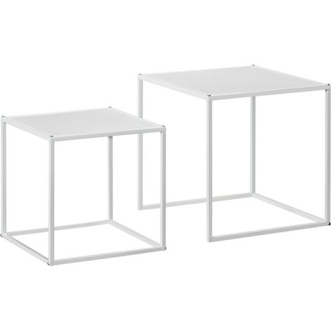 Lot de 2 tables basses gigognes, lot de 2 tables gigognes de salon, modulables, en acier, style industriel, blanc mat (1/5)