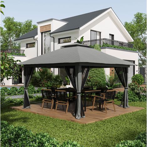 CHICFURN Cenador de jardín plegable 392 x 392 x 283 cm de metal gris oscuro, UV50+, doble techo (1/5)