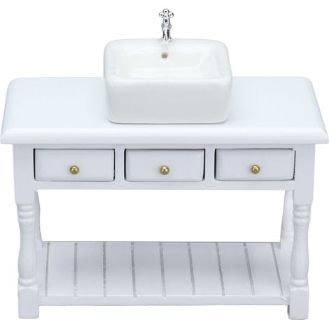 Ensemble de salle de bain pour maison de poupée à l'échelle 1:12 : lavabo miniature blanc, table et accessoires de salle de bain pour maison de poupée. Jouets (1/5)