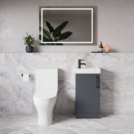 Napoli Cube Gloss Grey 400mm Single Door Vanity Unit and Jubilee Toilet Suite with Align Basin - 400mm - Matt Black 160mm Handle
