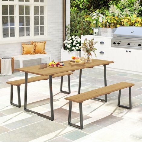 Mesa de jardín con 2 bancos, conjunto de 3 piezas para 6 personas, madera natural HAVRYA (1/5)