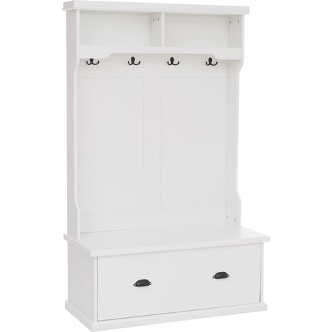 [NEUWERTIG] Garderobe HHG-671, Flurgarderobe Holzgarderobe Sitzbank, 4 Haken Staufach Ablage Melamin 163x100x47cm weiß