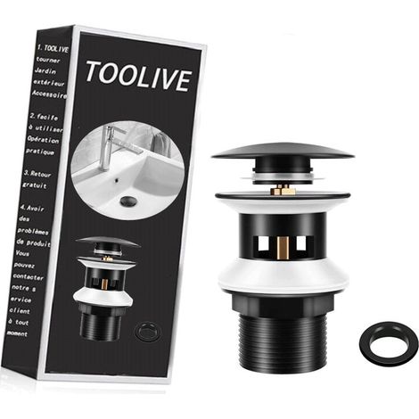 Bonde de lavabo Bonde de Lavabo avec Trop-plein Noir Mat, Chonphan Universelle G1 1/4" Laiton Valve Pop-up Bonde de Vidage pour lavabo, Clic-clac, Installation Sans Outil (Pas de fuite d'eau, Pas de (1/5)