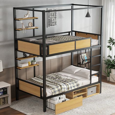 Litera moderna 90x200 cm de metal y MDF negro natural con estantes laterales, cajones con ruedas y almacenaje inferior (1/5)