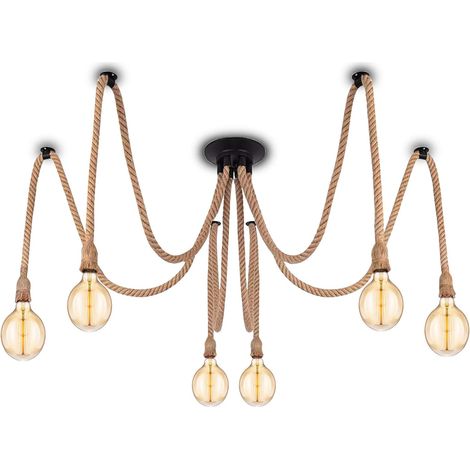 Lampada a sospensione industriale con cavo tessile - Lampadario vintage retrò in corda di canapa fai-da-te 6 x 2 metri con portalampada E27 per sala da pranzo, ingresso, ristorante, bar, caffetteria ( (1/5)