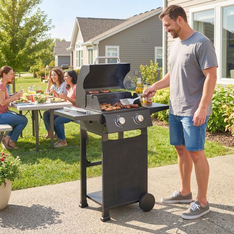 Barbecue a Gas Propano con 2 Bruciatori, Portatile, Termometro, Nero