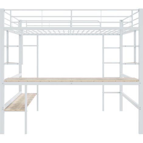 Lit mezzanine en métal 140 x 200 cm avec bureau et étagères, blanc, sans matelas (1/5)