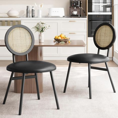 Lot de 2 Chaises de Salle à Manger en Rotin, Dossier Tressé Naturel, Assise PU Rembourrée, Pieds Métal, Noir (1/5)