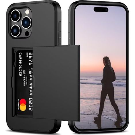Étui antichoc avec porte-cartes, compatible avec l'iPhone 15, coque de protection renforcée, noir. (1/4)