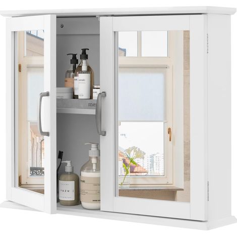 GOPLUS Armoire Murale de Salle de Bain avec Miroir, Armoire à Pharmacie à 2 Niveaux avec Double Porte, Meuble de Rangement pour Salle de Bain, Chambre, Cuisine, buanderie, Blanc (1/5)
