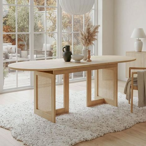 Table extensible 120160 x 80 cm 120table de salle à manger style sobre 6 à 8 places bords arrondis plateau épaissi pieds en rotin (1/5)