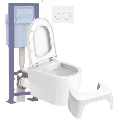 Pack inodoro compacto suspendido sin borde DURAVIT Me by Starck asiento con freno de caída + estructura de soporte SIAMP + Placa blanca + taburete