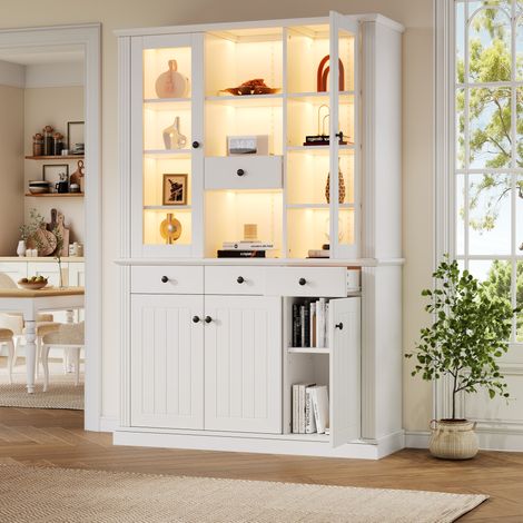 N625P293053054055W)119,540180cm Vitrine, Standvitrine mit 4 Schubladen, Vitrinenschränke mit LED,Wohnzimmerschrank , Schrank mit 4 Schubladen und 5 Türen,Großer Schrank mit 21 Ablagefächern,MDF