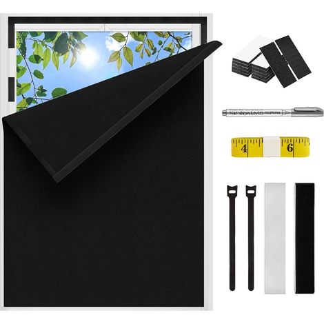 130x150CM Store Occultant sans Perçage, Rideau Occultant Fenêtre en Tissu Protection Solaire et Intimité Fenêtres Découpable avec 12 Paires de Auto-Adhésif et Un Mètre Ruban 3M (Noir) (1/5)