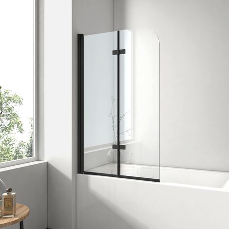 EMKE Badewannenfaltwand 140x120 cm Schwarz, 2-teilig faltbar, abgerundet, Badewannenaufsatz 6mm ESG Glas & Nano