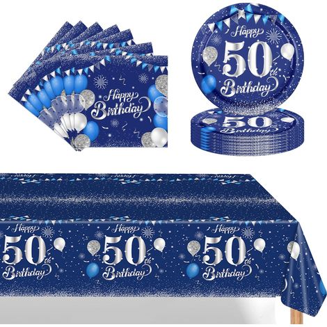 37 Pièces Assiette Vaisselle Jetable Anniversaire Kit,Bleu Argent Decoration Anniversaire Vaisselle 50 Ans Garçon Fille,Nappe Papier Assiette Serviette pour Decoration Anniversaire 50 Ans (1/5)