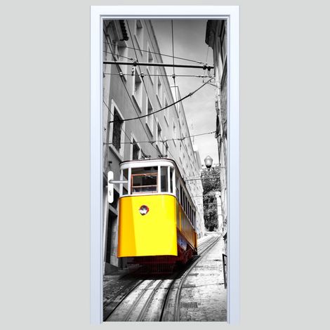 Adesivo in tessuto per porta, tram giallo 337PD