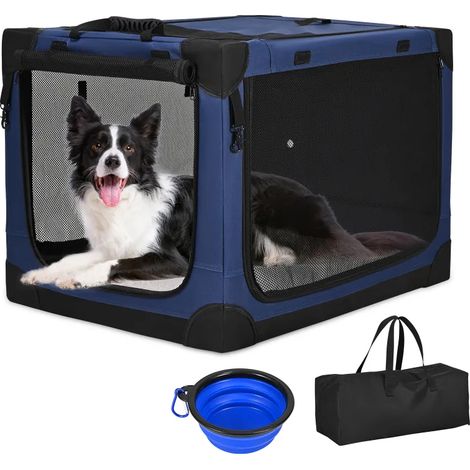 Cage de transport pour chien pliable souple XL 90×64×64 cm, cage voyage voiture pour chiens moyens et grands, cadre acier inoxydable, sac de rangement inclus (1/5)