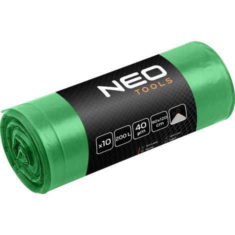 200L green garbage bags with adhesive tape, 40 microns, 10 pieces. (1/5)
