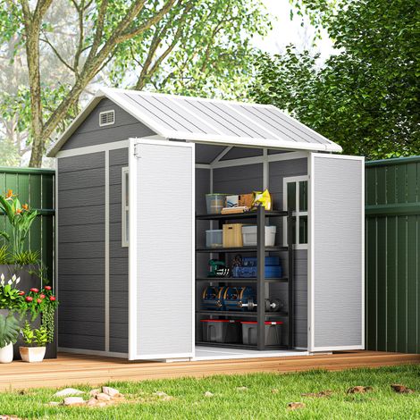 Casetta da giardino Outsunny, casetta da giardino con finestra, porta con serratura, in plastica, grigia