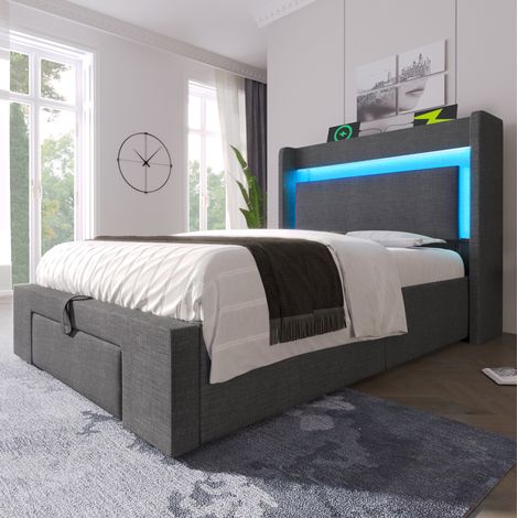 MEUBLIV Bett 90x200 cm grau – LED, hydraulischer Stauraum und USB-C, mit Matratze (1/5)