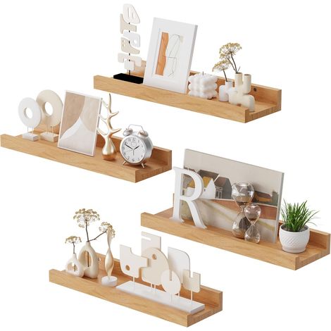 Lot de 4 Étagères Murales, Etagere Bois, 40 x 12 cm, Naturel Etagere Flottantes Bois Form de U,Tablette Murale, pour Salle de Bain, Cuisine,Ttiroir Flottante Massif Decoration (1/5)