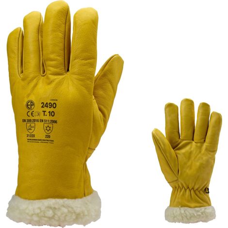 Coverguard – Gant américain thermique fourré cuir pleine fleur jaune T10 – Anti-froid pour manutention extérieure – Longueur 32 cm – Élastique sur la paume