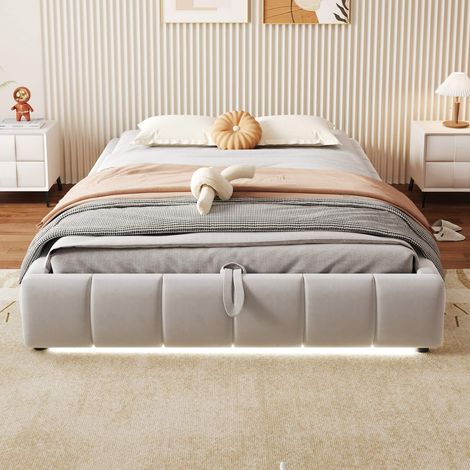 Lit coffre rembourré 140x200 cm sans tête de lit avec LED blanche, sommier relevable hydraulique, rangement sous lit, structure métal, tissu beige, sans matelas (1/5)