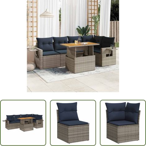 Terrassensofa -  6-tlg. Garten-Sofagarnitur mit Kissen Grau Poly Rattan (1/5)