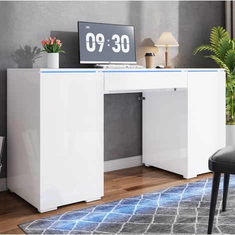 Escritorio 140x50x78 cm blanco en tablero de partículas con acabado brillo, LED, 1 cajón y 2 puertas (1/5)