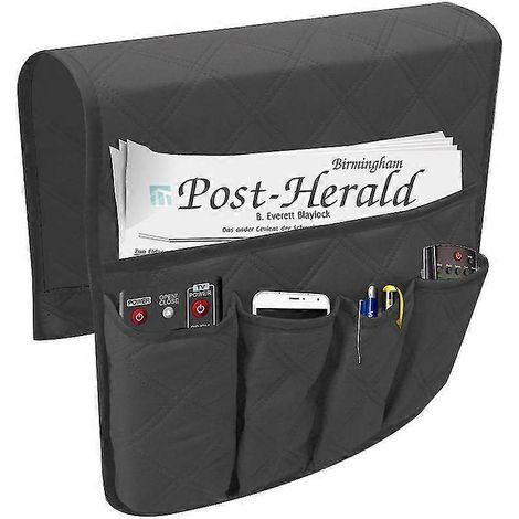 Sac de rangement pour accoudoir de canapé/fauteuil avec 5 poches - housse de protection grise élégante, idéale pour ranger télécommandes, livres et autres objets. (1/5)