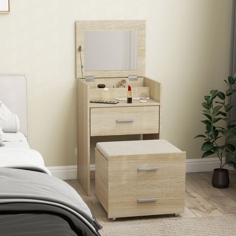 Tocador con espejo plegable, cajones y taburete, en madera y tela efecto lino, color madera. (1/5)