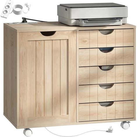 Meuble pour imprimante naturel avec station de charge, 5 tiroirs et port USB, 40x36x65 cm, bureau connecté moderne (1/5)