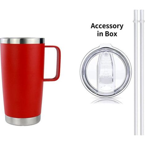 Gobelet isotherme 20 oz avec couvercle et paille, tasse de voyage en acier inoxydable à double paroi, verre thermique rouge avec poignée, mug à café isolant pour boissons chaudes et froides (1/5)