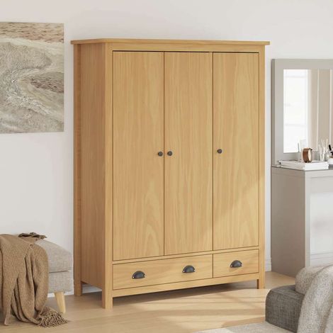 Armadio guardaroba a 3 ante in legno massello di pino con cassetti marrone ambra 127 x 50 x 170 cm - PANGIVO (1/5)