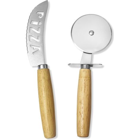 2 Pièces Couteau à Pizza, Acier Inoxydable, Manche en Bois, Pour Pâtisserie, Fromage, Pain (1/5)