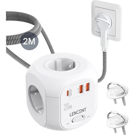 Rallonge Multiprise 4 Sortie AC avec 2 QC3,0 et 1 PD20W  Prise Multiple 2500W avec Interrupteur et Rallonge Electrique 2 Mètres pour Maison Bureau Fiche Plate, Tressé Câble, Blanc (1/5)
