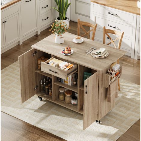 MEUBLIV Îlot de cuisine 120 cm naturel – plan de travail rabattable, sur roulettes (1/5)