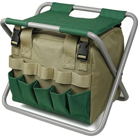 Taburete de jardín plegable con bolsa extraíble para herramientas, silla pequeña multiusos, ideal para acampar, pescar y practicar deportes al aire libre. (1/5)