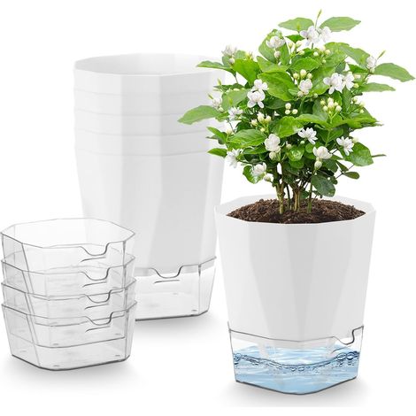 6 Pcs Pots de Fleurs en Plastique, 12.5cm Pot de Fleurs Auto-Arrosant,Pots de Plantes avec Trous De Drainage et Réservoir d'eau Amovible pour d'Intérieur d'Extérieur Jardins de Balcon, Blanc