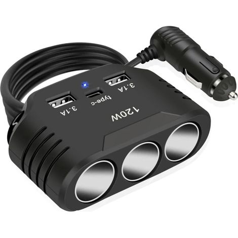 Chargeur de voiture 120 W : chargeur de voiture multi-USB 12 V/24 V avec 3 prises et un port USB-C, répartiteur de charge CC pour iPhone, Android et GPS (1/5)