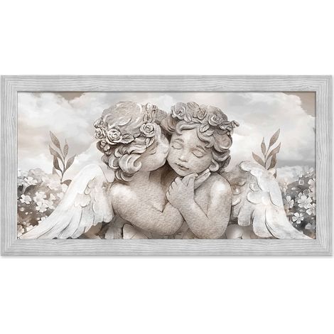 Lupia - Quadro moderno soggiorno camera da letto Angeli con cornice BOSTON colore GRIGIA, GREY 60x110 cm ANGELS IN FLOWERS MIX stampa su pannello in legno