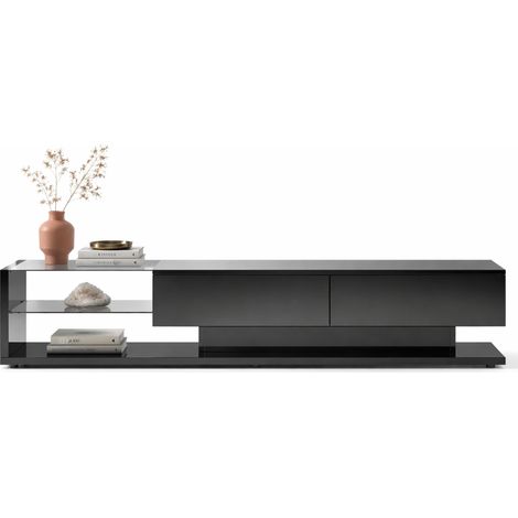 Meuble TV bas noir brillant avec 2 tiroirs, 2 étagères en verre et LED multicolore contrôlable par application, pour salon moderne - CHICFURN (1/5)