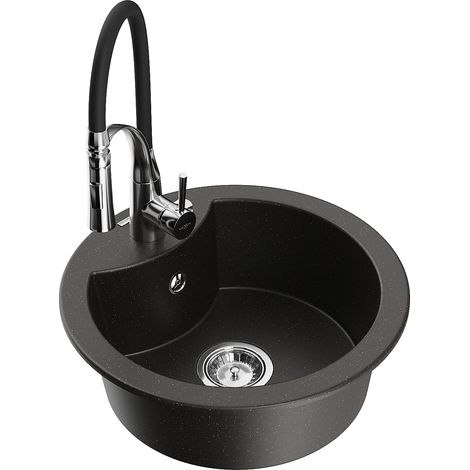 Mexen Diego Granitspüle 1-Kammer mit Küchenarmatur Aster, schwarz/goldener Metallic - 6512-75-73450-70 (1/5)
