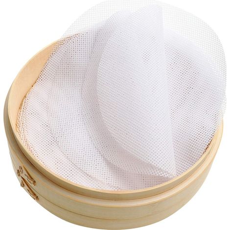 Lot de 8 tapis de cuisson vapeur en silicone, 32 cm, réutilisables et antiadhésifs, pour raviolis, rouleaux et dim sum, ronds, blancs (1/5)