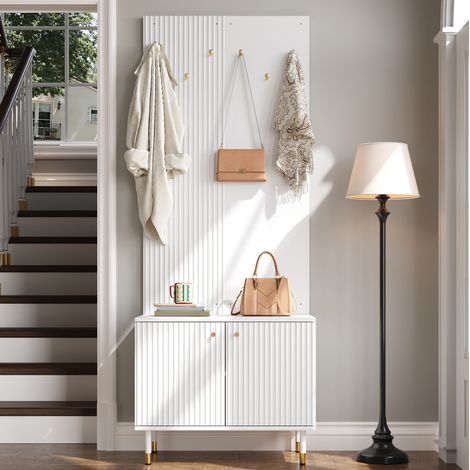 Mobile portascarpe da ingresso con ganci, ripiano superiore, 70 x 35 x 180 cm, bianco DESVIAE (1/5)